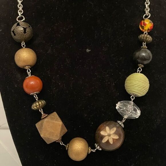 25” Bohemian wood, mixed ceramic, large nugget, beaded necklace w/3” extender - Picture 1 of 13